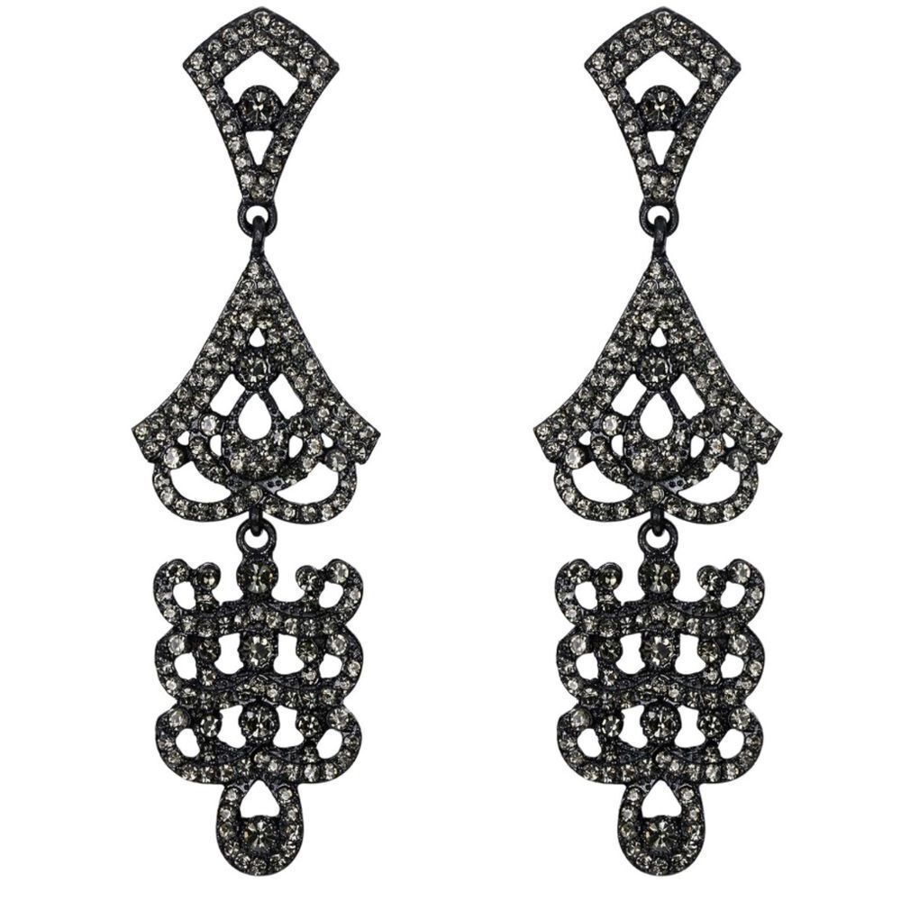 Carbon Black with Gray Crystal Art Deco Chandelier Statement Post Earrings